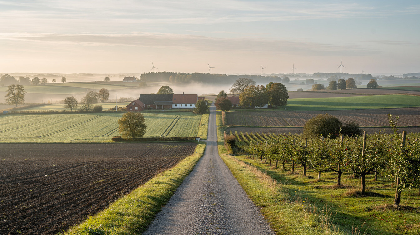 Farmland and orchards on the island of Funen, Denmark
